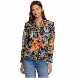 JOHNNY WAS Wild Bloom Ruffle Yoke Blouse Size XS